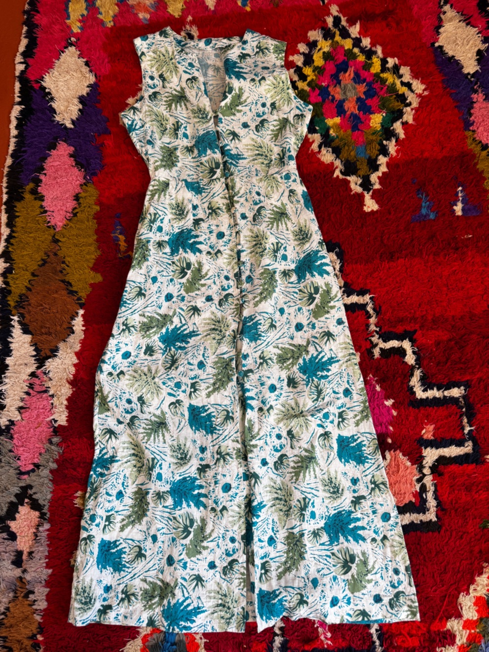 60s Vintage Tropical Print Linen Column Dress Sz S - Picture 3 of 7